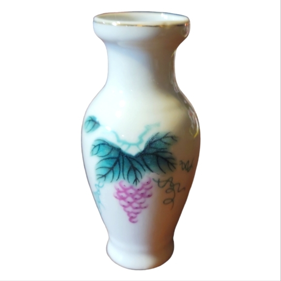 Vtg Tiny Miniature Porcelain 22Kt Gold Rim Grapes Vines Bud Vase - Picture 1 of 4